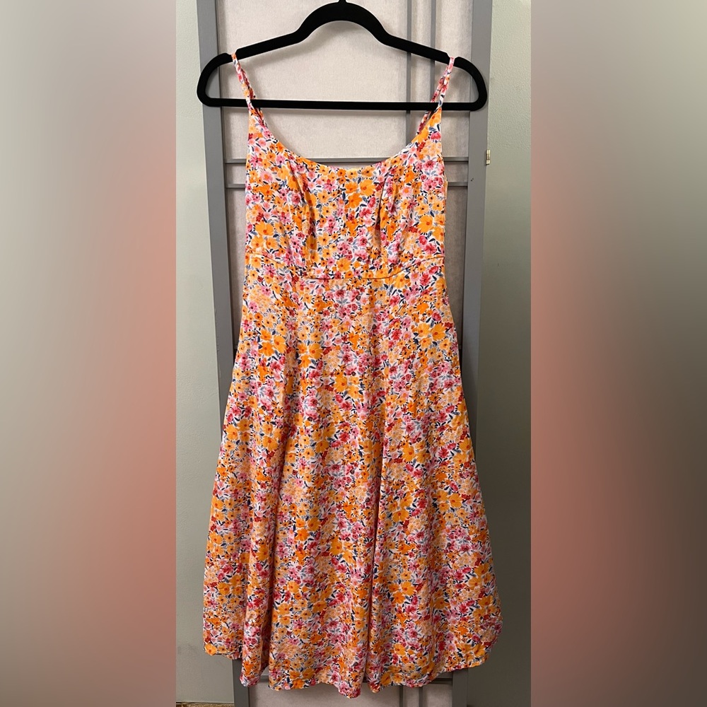Old Navy XS Petite Spaghetti Strap Knee Dress Pockets Orange Floral Colorful
